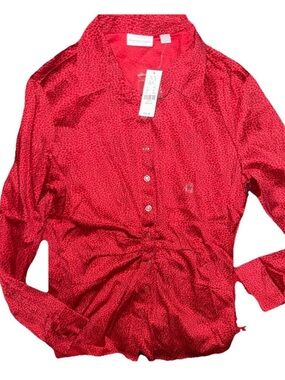New York & Company Red Satin Button-Front Blouse